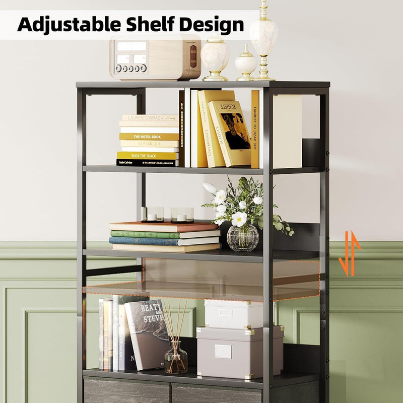4-Tier Industrial Bookshelf with 3 Fabric Drawers Storage