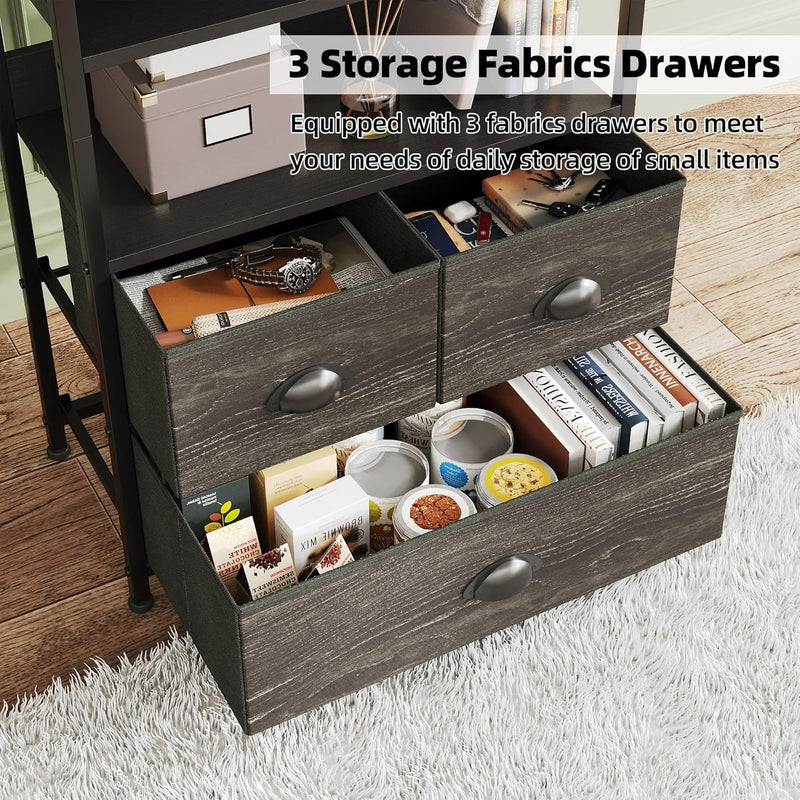 4-Tier Industrial Bookshelf with 3 Fabric Drawers Storage