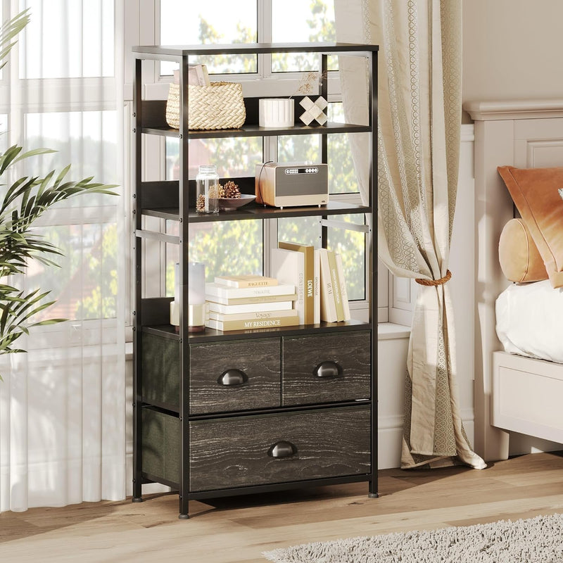 4-Tier Industrial Bookshelf with 3 Fabric Drawers Storage