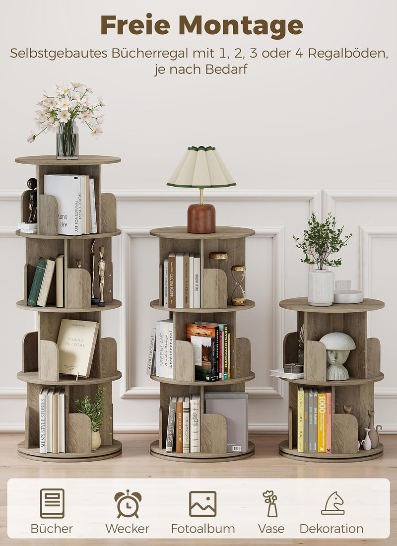 4-Tier Rotating Bookshelf Storage Rack Oak Colour Round