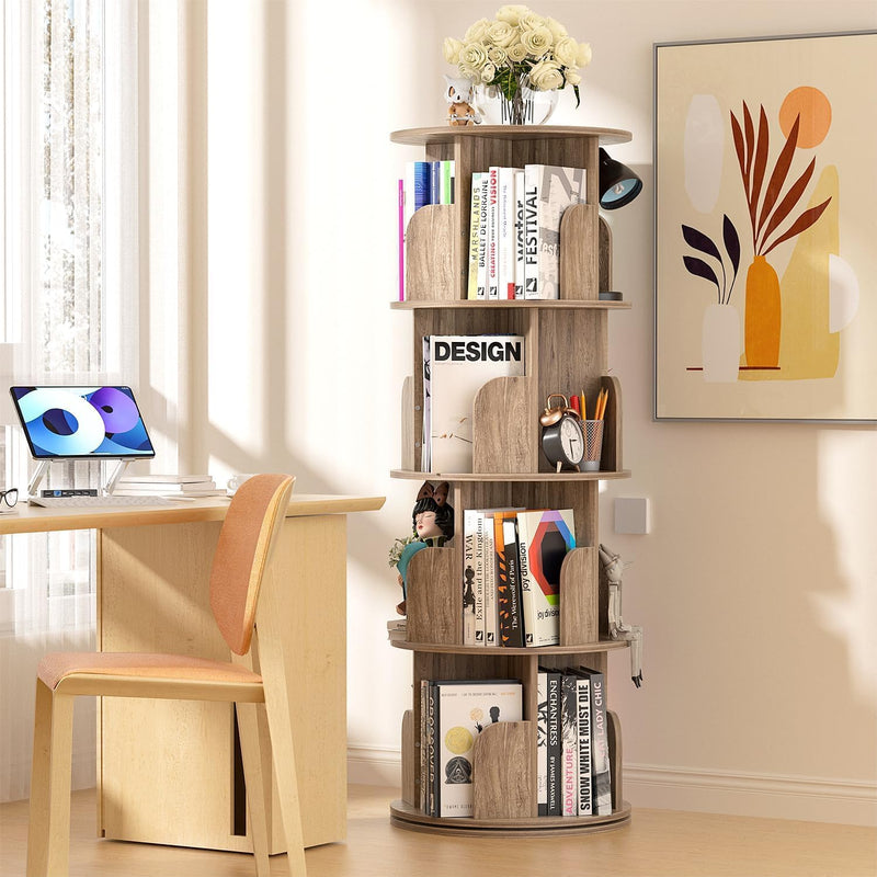 4-Tier Rotating Bookshelf Wooden Tower Spinning Kids Floor