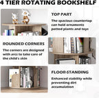 4-Tier Rotating Bookshelf Wooden Tower Spinning Kids Floor