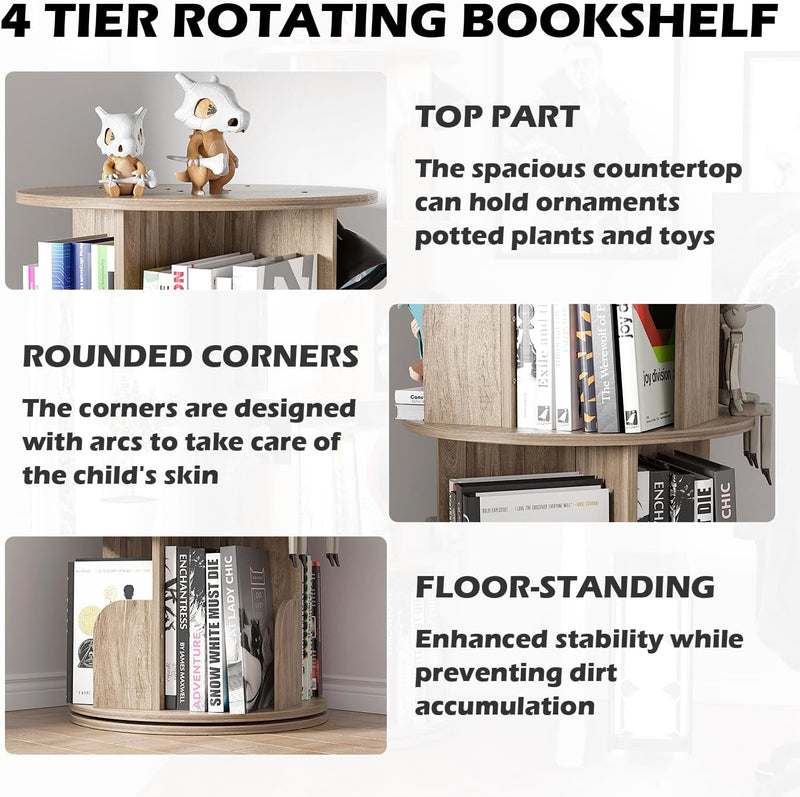 4-Tier Rotating Bookshelf Wooden Tower Spinning Kids Floor