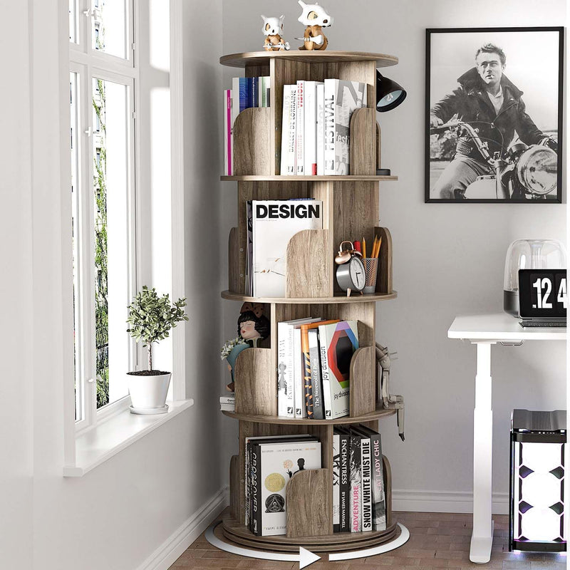 4-Tier Rotating Bookshelf Wooden Tower Spinning Kids Floor