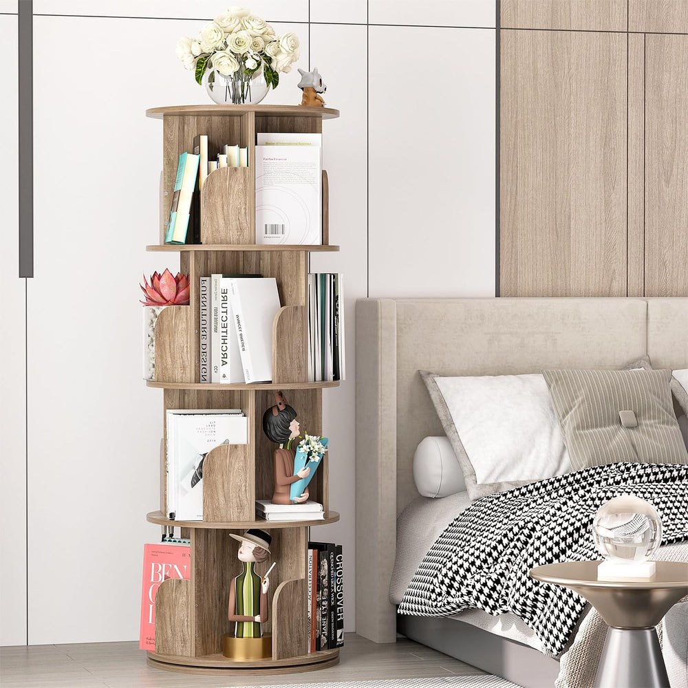 4-Tier Rotating Bookshelf Wooden Tower Spinning Kids Floor