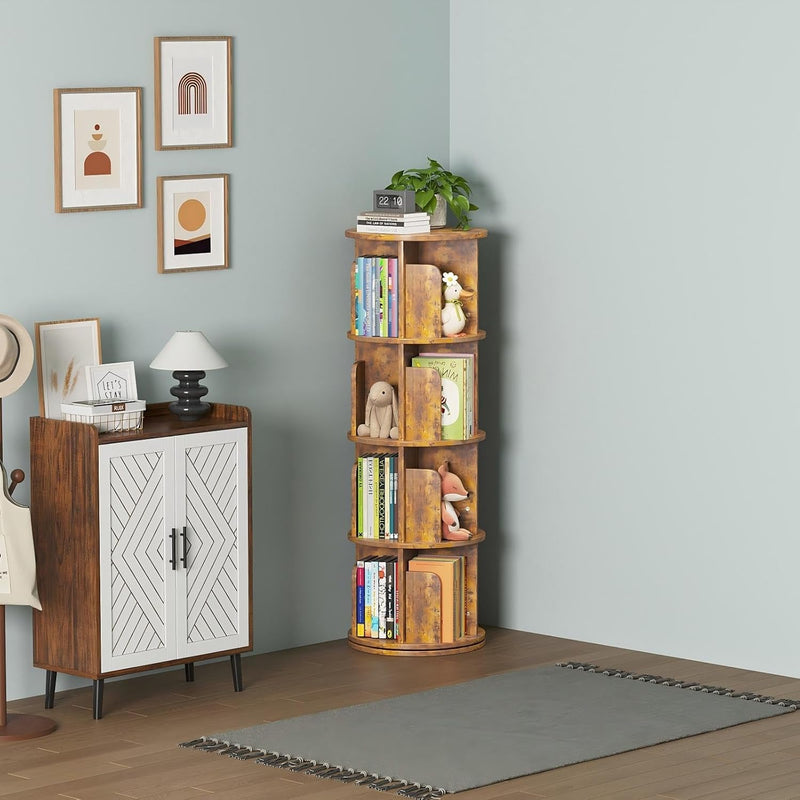 4-Tier Rotating Kids Bookshelf Wooden Small Corner