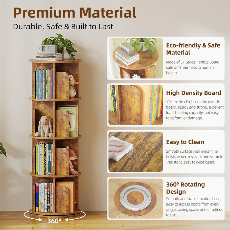 4-Tier Rotating Kids Bookshelf Wooden Small Corner
