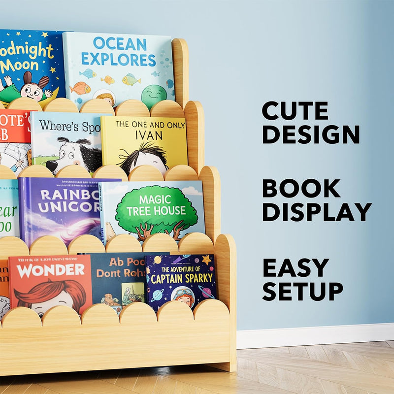 4-Tier Scalloped Bookshelf Montessori Bookcase for Toddlers