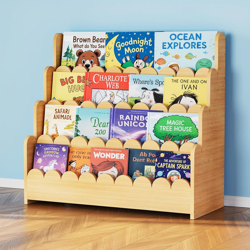 4-Tier Scalloped Bookshelf Montessori Bookcase for Toddlers