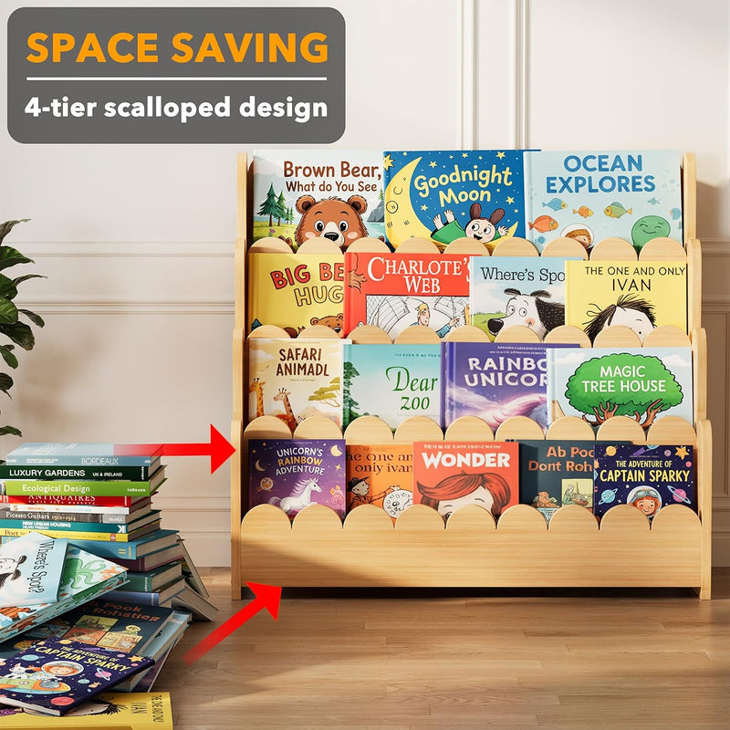 4-Tier Scalloped Bookshelf Montessori Bookcase for Toddlers