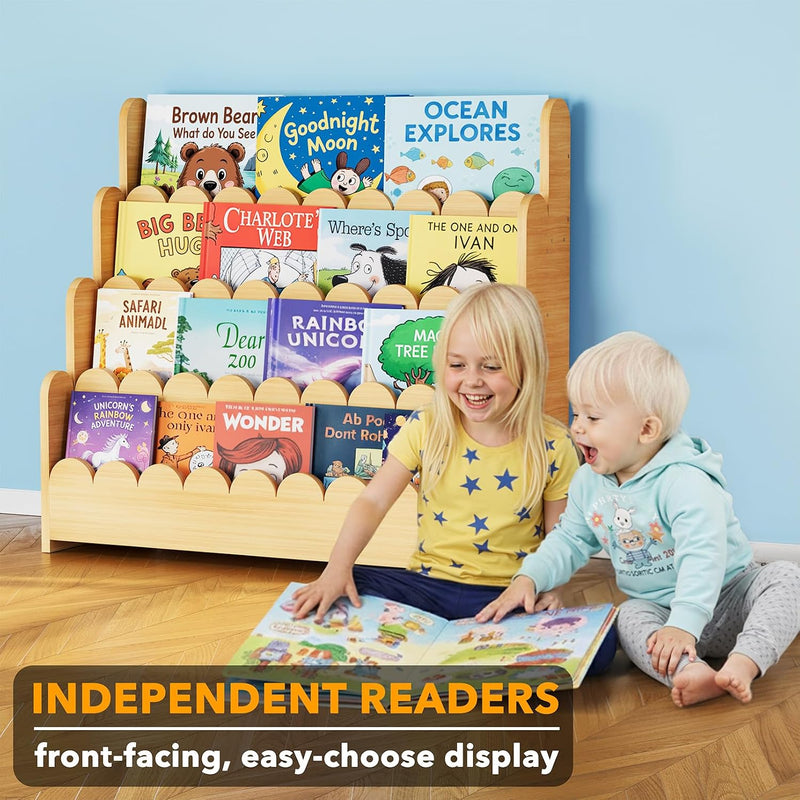 4-Tier Scalloped Bookshelf Montessori Bookcase for Toddlers