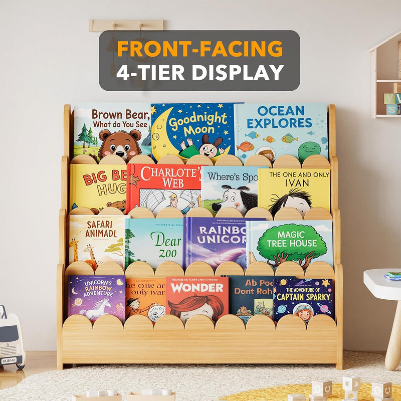 4-Tier Scalloped Bookshelf Montessori Bookcase for Toddlers