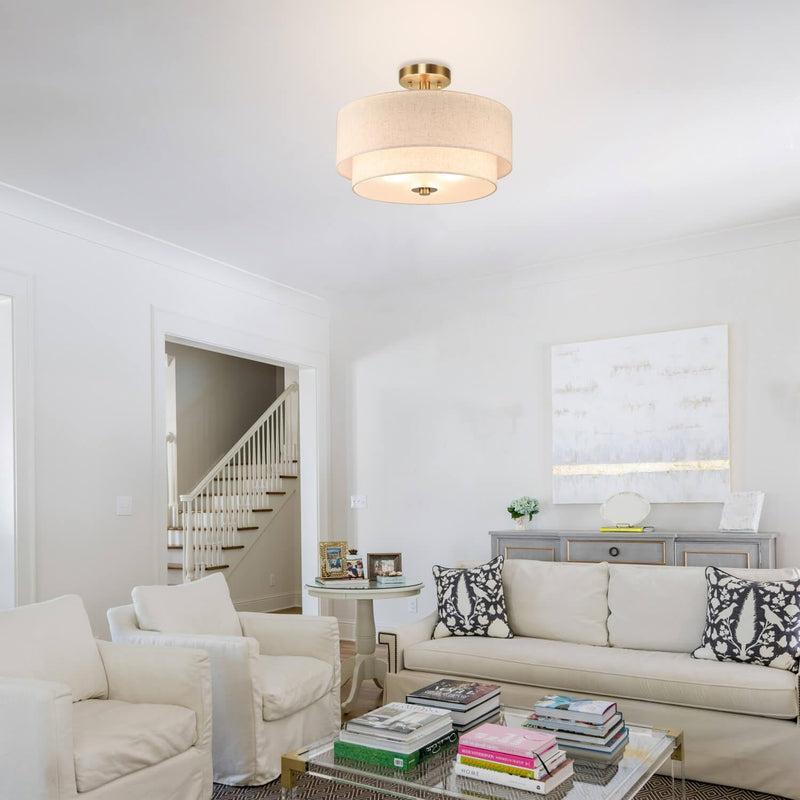 40CM Linen Semi Flush Ceiling Light for Living
