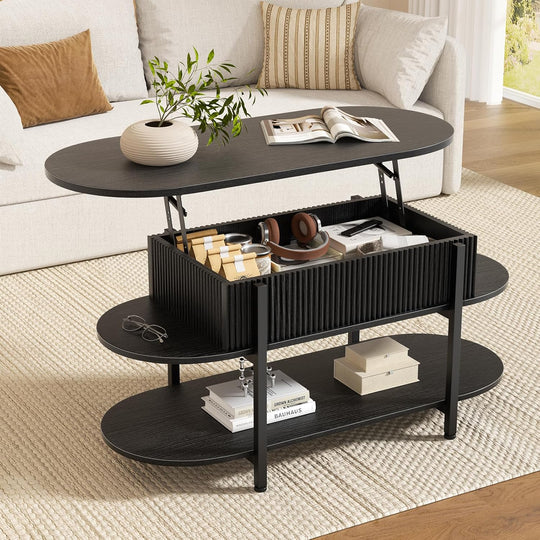 41.7" Oval Lift Top Coffee Table Fluted Wood