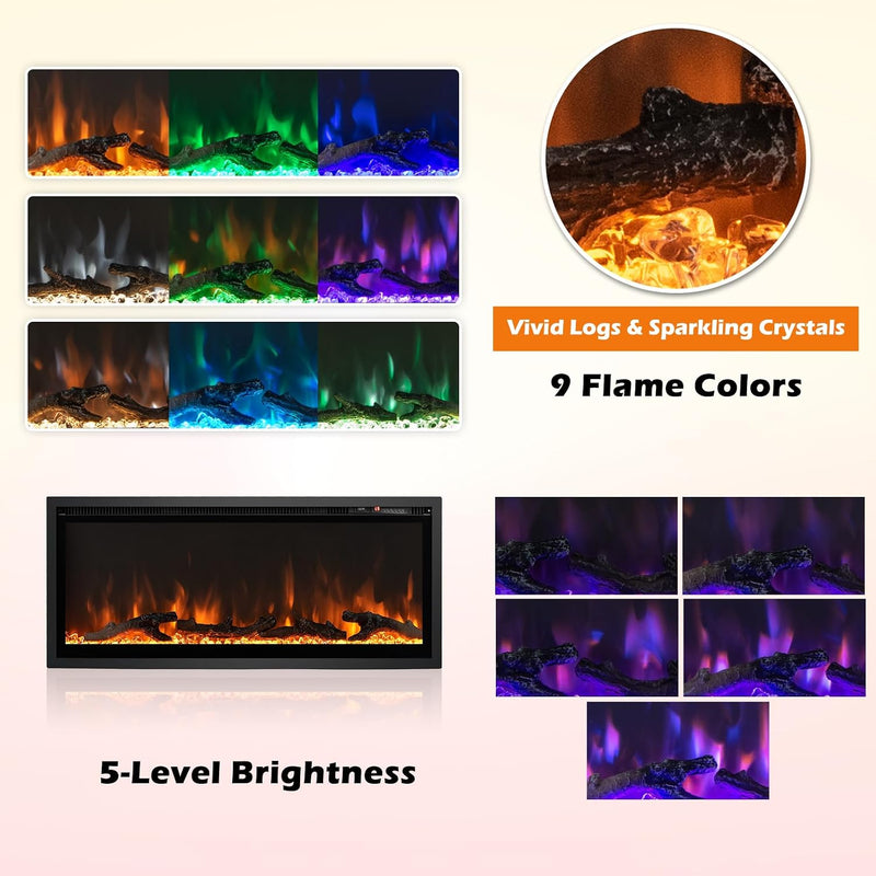 42” 106CM Electric Fireplace Freestanding Wall Mounted Recessed