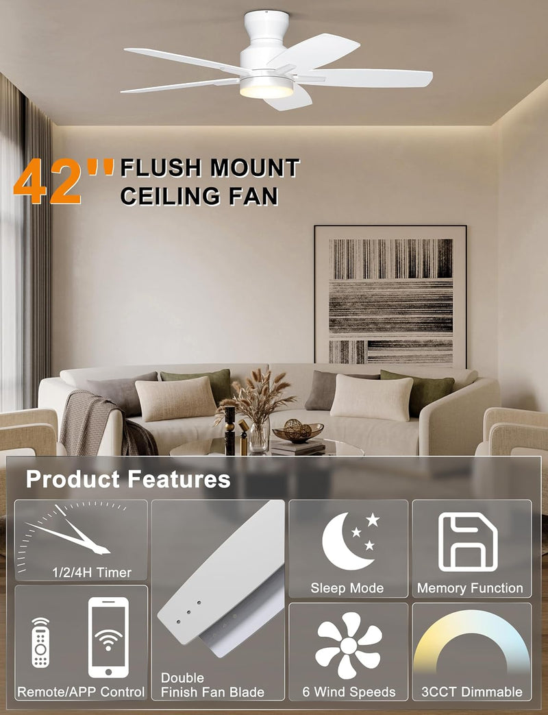 42'' Low Profile Ceiling Fan with Light Remote