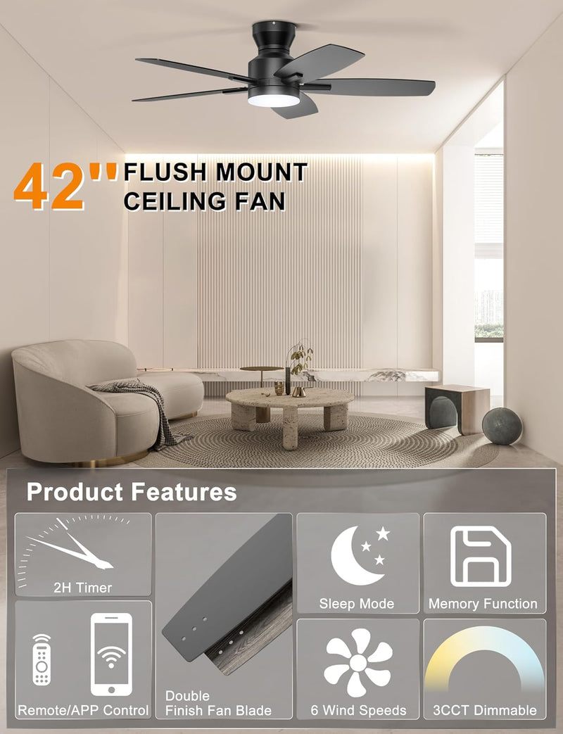 42'' Low Profile Ceiling Fan with Light Remote