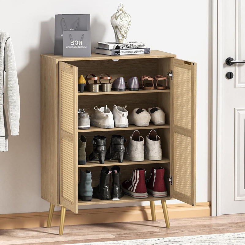 44" H Tall Wood Rattan Cabinet 2 Doors