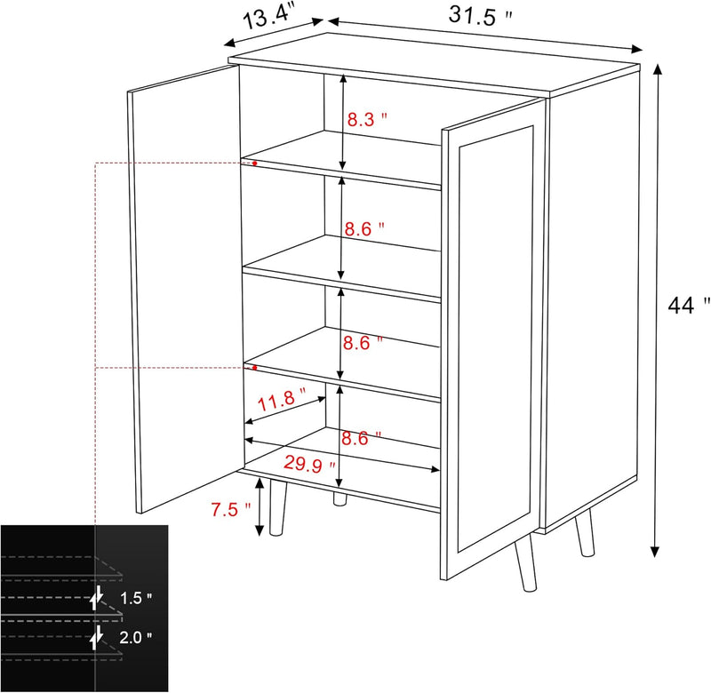 44" H Tall Wood Rattan Cabinet 2 Doors