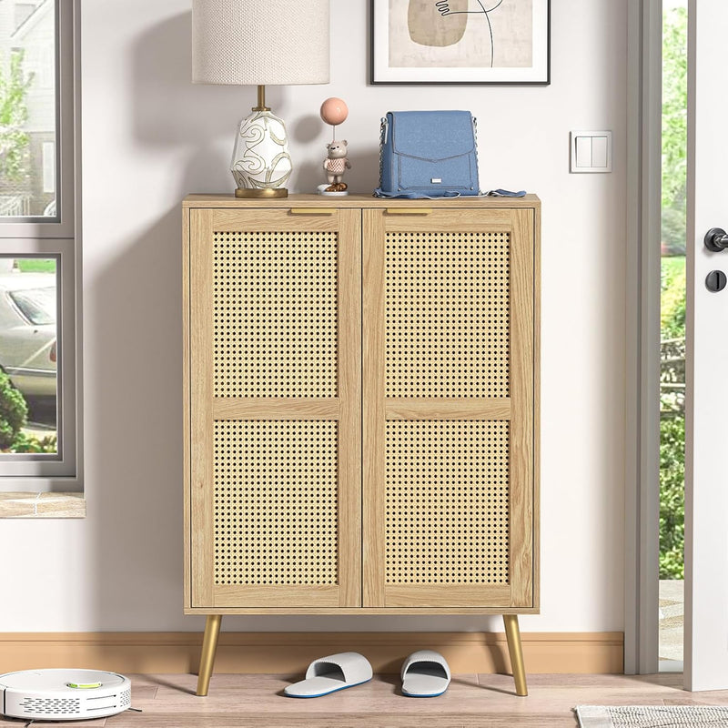 44" H Tall Wood Rattan Cabinet 2 Doors