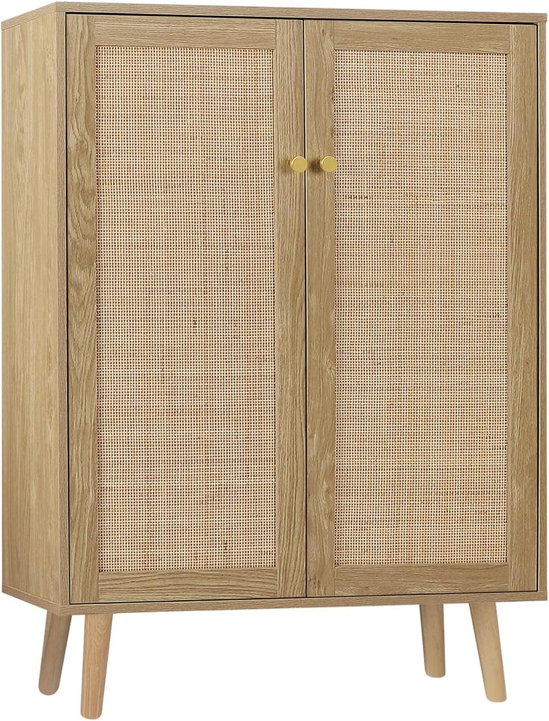 44" H Tall Wood Rattan Cabinet 2 Doors