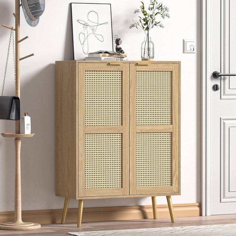 44" H Tall Wood Rattan Cabinet 2 Doors