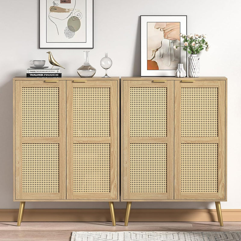 44" H Tall Wood Rattan Cabinet 2 Doors