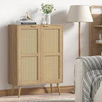44" H Tall Wood Rattan Cabinet 2 Doors