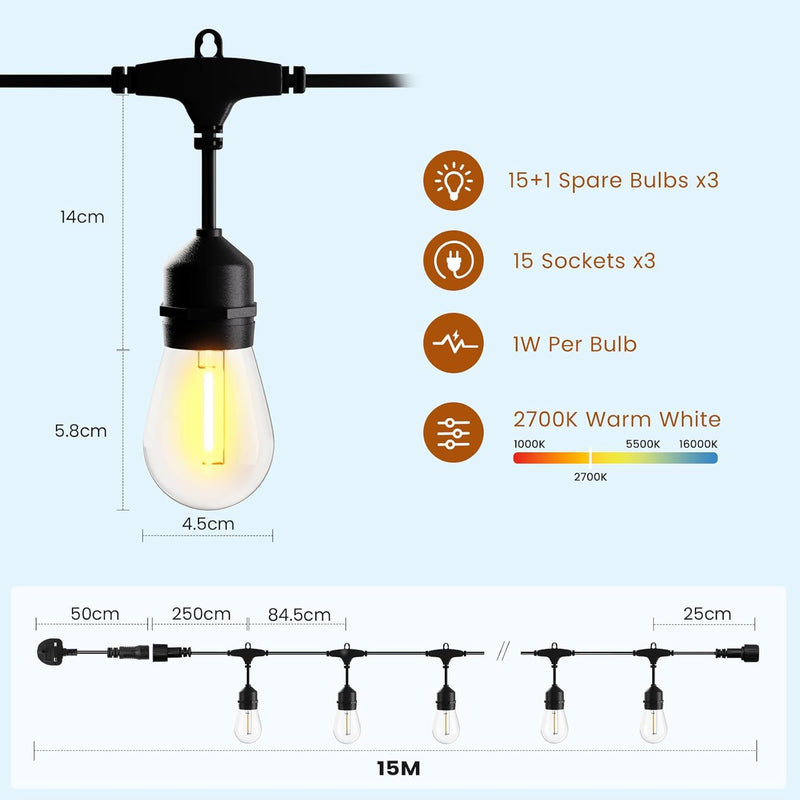 45m Festoon Lights Mains Shatterproof Connectable