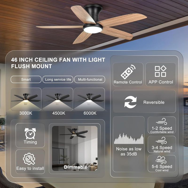 46 Inch Ceiling Fan with Lights Remote App