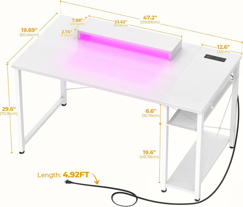 47 Inch Gaming Desk with Power Outlets LED