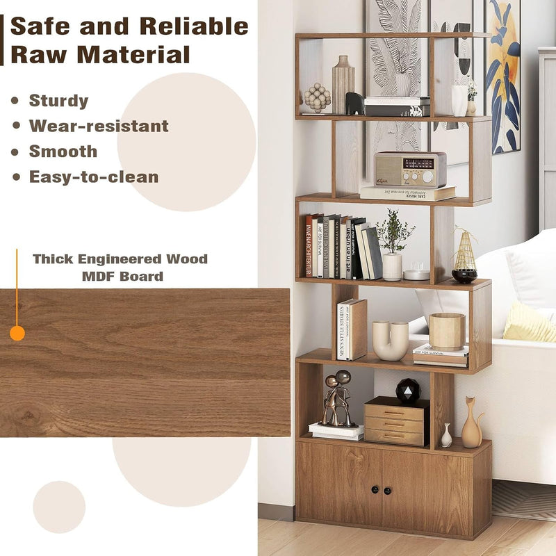 5 6-Tier Bookcase Wooden S-Shaped Storage Bookshelf