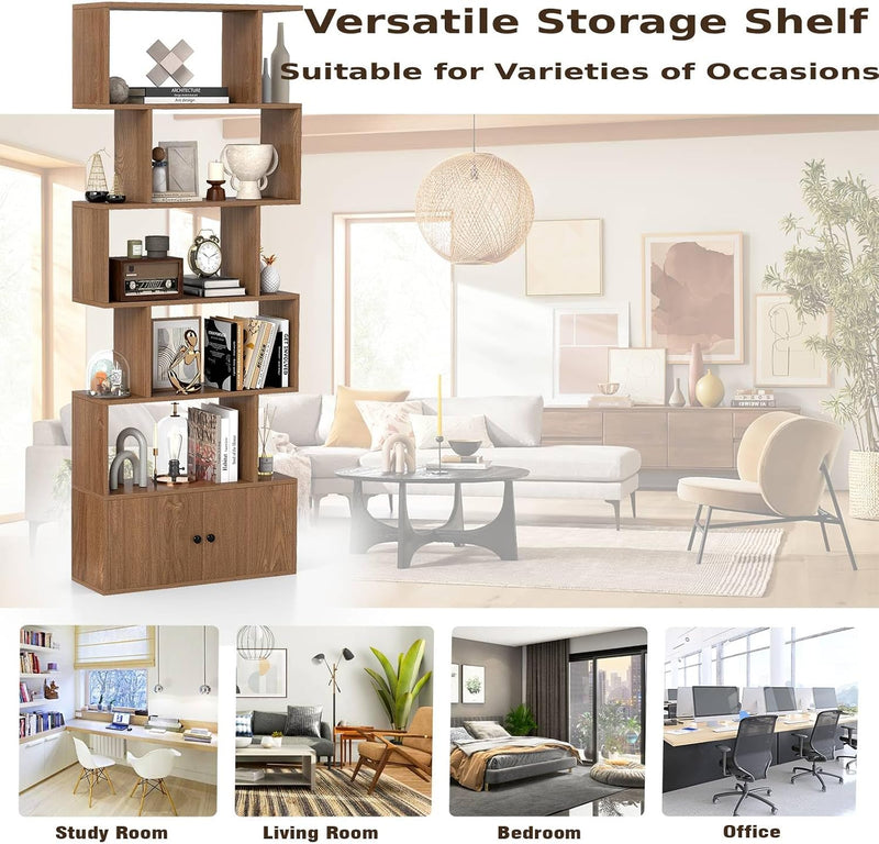 5 6-Tier Bookcase Wooden S-Shaped Storage Bookshelf