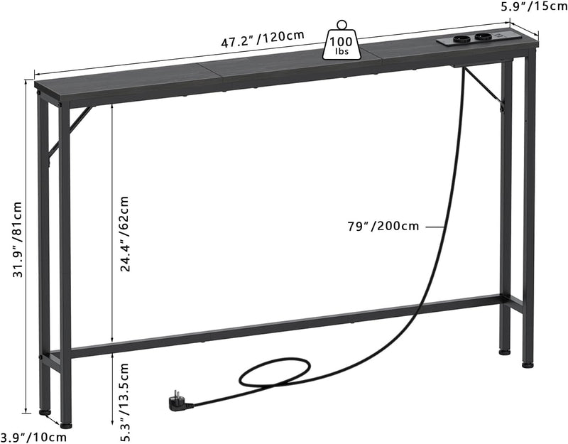 5.9" Skinny Console Table with Charging Station Narrow