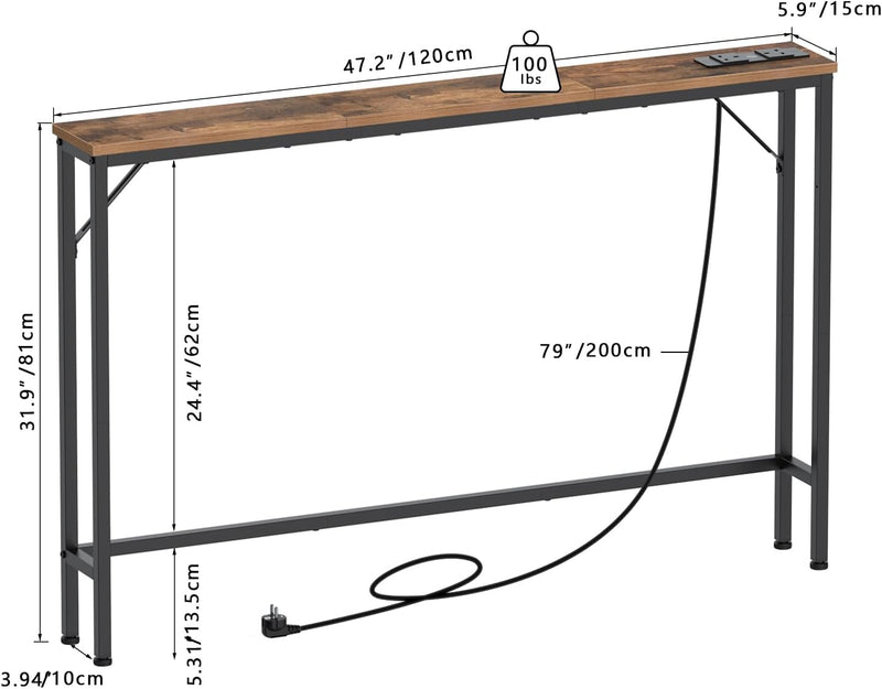 5.9" Skinny Console Table with Charging Station Narrow