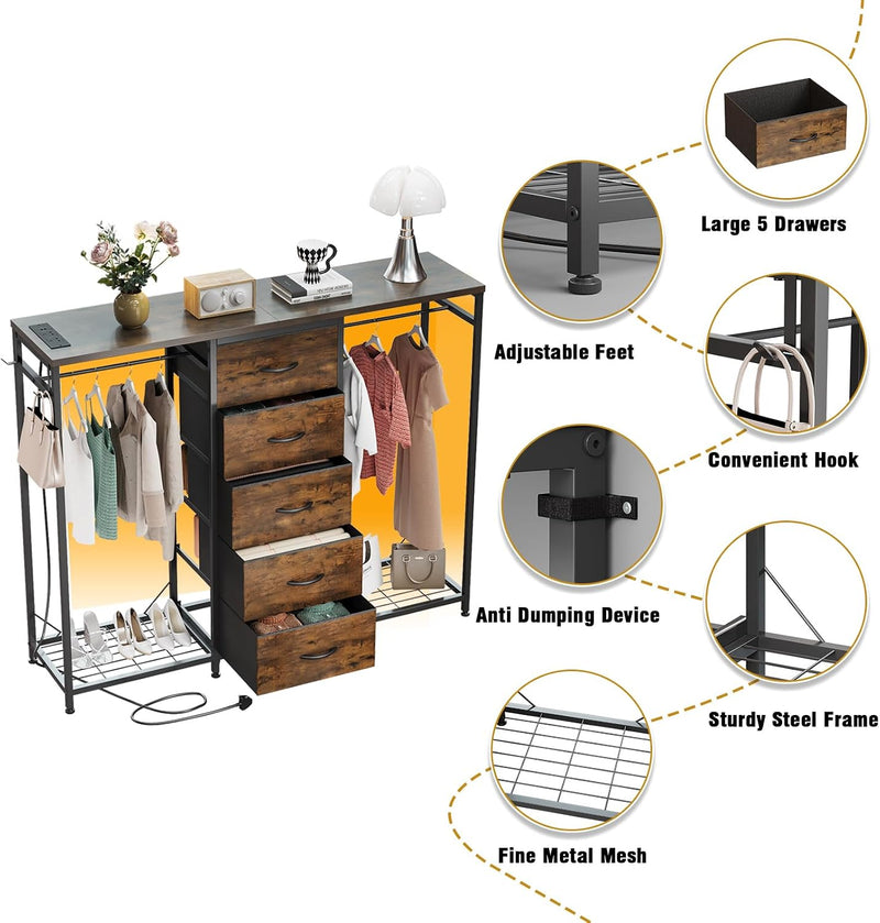 5 Drawer Dresser with Clothes Rack Chest