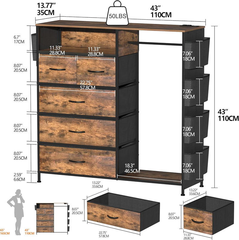 5 Drawer Dresser with Clothes Rail LED Lights