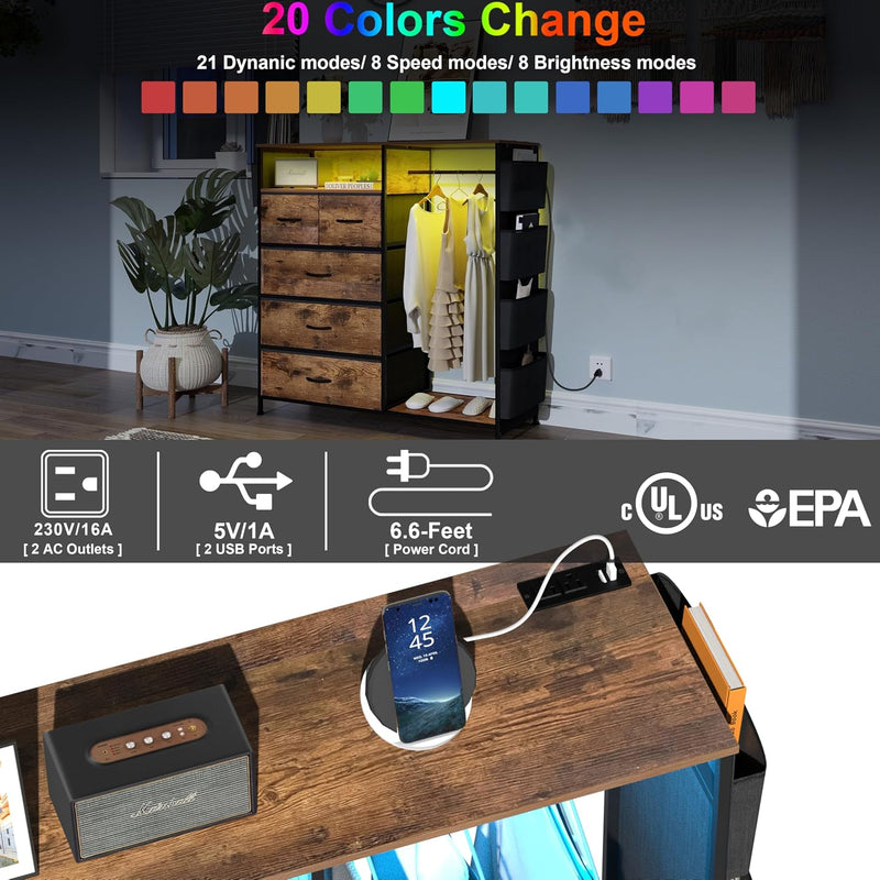 5 Drawer Dresser with Clothes Rail LED Lights