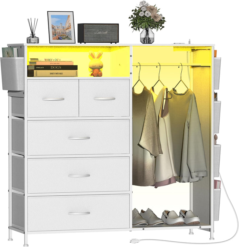 5 Drawer Dresser with Clothes Rail LED Lights