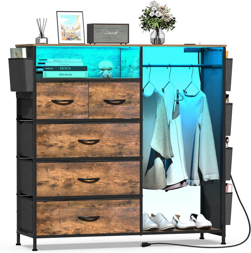 5 Drawer Dresser with Clothes Rail LED Lights