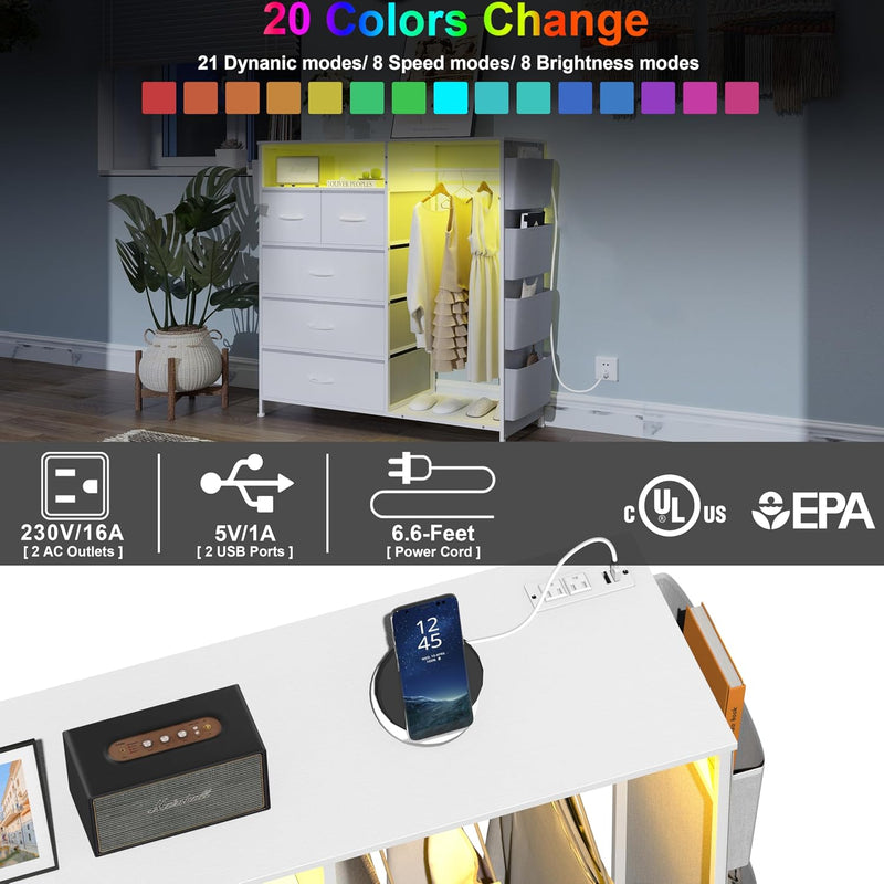 5 Drawer Dresser with Clothes Rail LED Lights