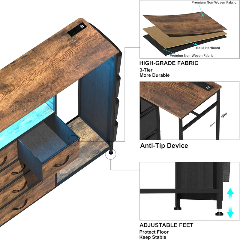 5 Drawer Dresser with Clothes Rail LED Lights