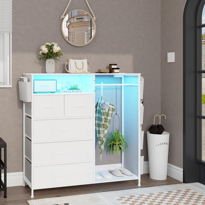 5 Drawer Dresser with Clothes Rail LED Lights