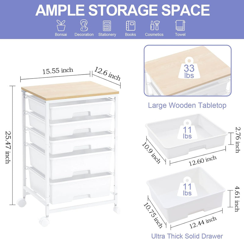 5-Drawer Storage Trolley Rolling Cart