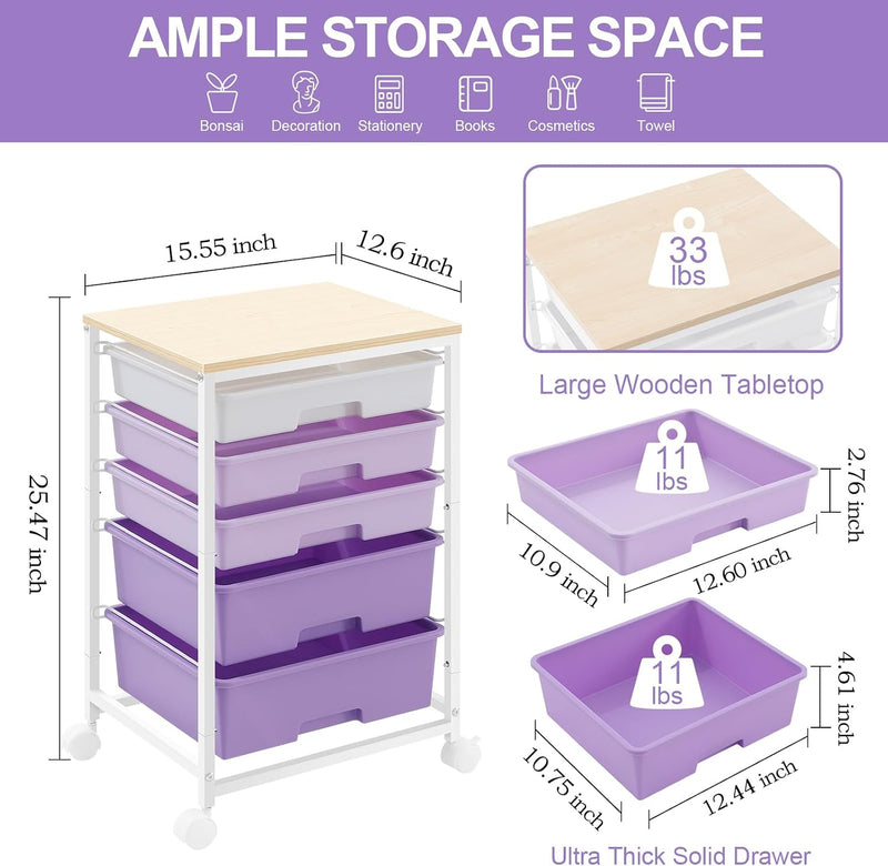 5-Drawer Storage Trolley Rolling Cart
