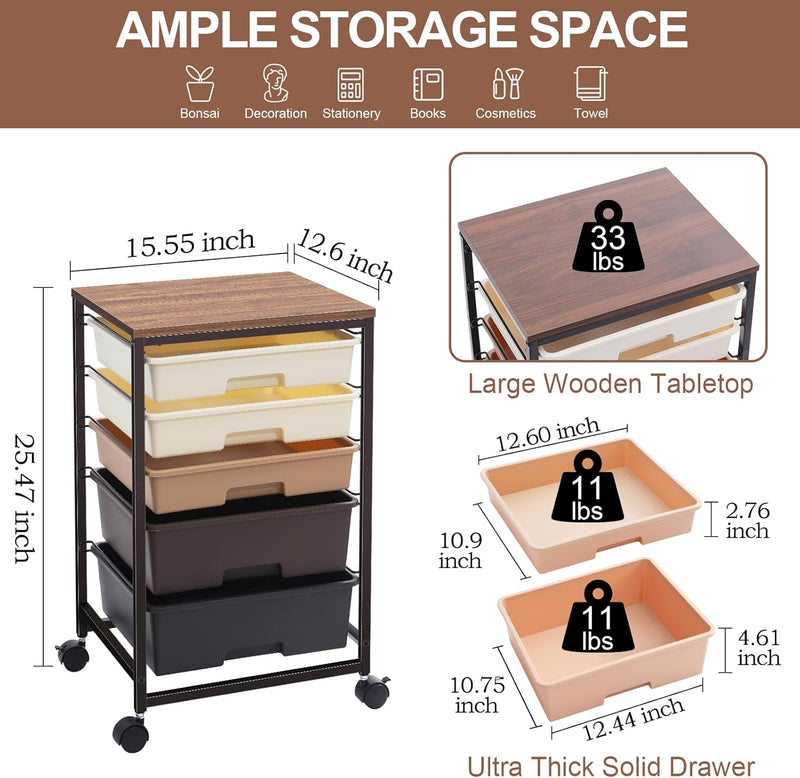 5-Drawer Storage Trolley Rolling Cart