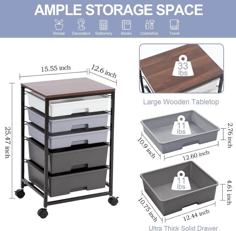 5-Drawer Storage Trolley Rolling Cart