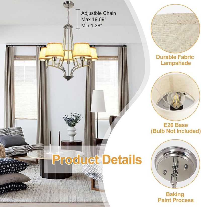 5-Light Brushed Nickel Chandelier with Shade 26" Rustic