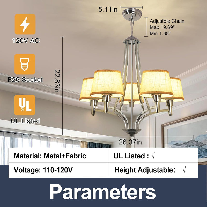 5-Light Brushed Nickel Chandelier with Shade 26" Rustic