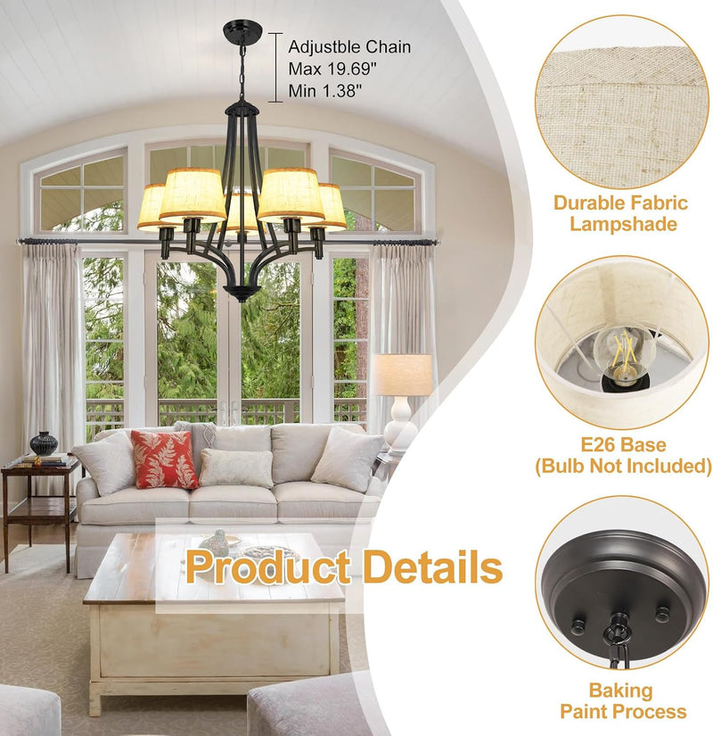 5-Light Brushed Nickel Chandelier with Shade 26" Rustic